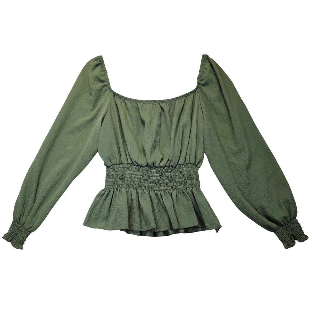 Arabella Women Olive Green Smocked Peplum Blouse Square Neck Balloon Sleeve L